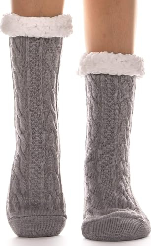 EBMORE Women Slipper Fluffy Socks Fuzzy Cosy Bed Cabin Warm Winter Soft Grips Thick Comfy Fleece Mum Secret Santa Gifts Stocking Fillers for Women Anti Non Slip Home Socks(Grey T)