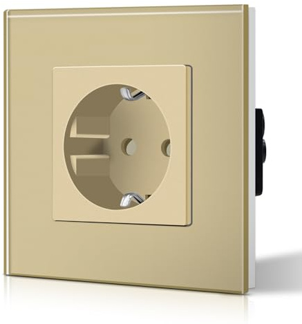 BSEED Schuko Steckdose 1 Fach EU-Standard Einzel Wandsteckdose Kristall Glas Platte 16Amp 250 V Verlängerungssteckdosen 86mm Gold