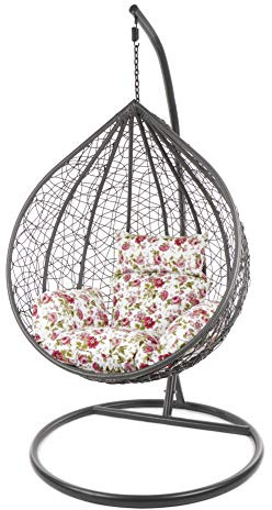 KIDEO Komplettset: großer Hängesessel mit Gestell & Kissen, Korbsessel, Poly-Rattan (Korb & Gestell: grau, Kissen: Blumenmuster Nest (3761 Roses))