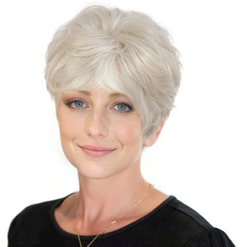 HAIRCUBE Pixie Schnitt Perücke menschliches Haar Perücken für Frauen Ziemlich kurzes Haar Perücke mit Bangs (Silberweiß)