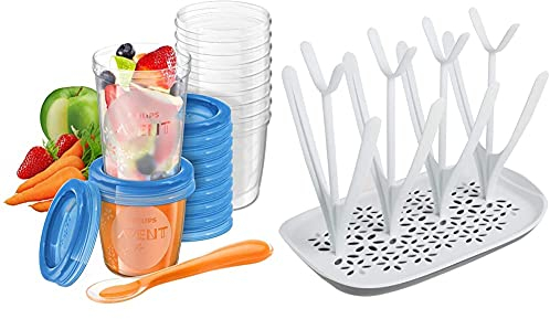 Philips Avent Aufbewahrungsbecher für Babynahrung, 20er Pack (10x180 ml, 10x 240 ml), SCF721/20, mit Schraubdeckel & SCF149/00 Trockenständer, weiß/blau