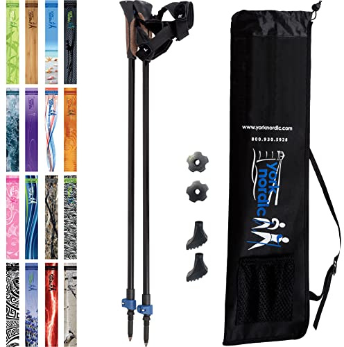 Official Nordic Walking Poles - True Classic Nordic Glove Grips, Lightweight, Adjustable, and Collapsible -2 Pieces w/flip Locks, Detachable Feet and Travel Bag by York Nordic - Heights 5'4-6'2