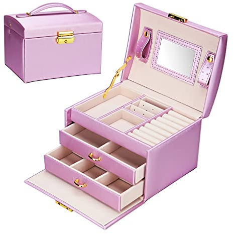 Podazz Scatola di Gioielli Cofanetto Portagioie Beauty Case di immagazzinaggio a Tre Strati Organizer Gioielli con Specchio e Serratura per Anelli Collane Orecchini, Viola（18.5 * 15 * 14cm）