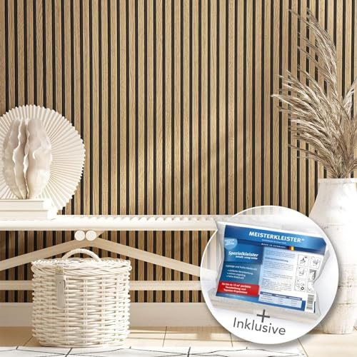 WALLCOVER Tapete inkl. Kleister Holzoptik Braun Akustikpaneele Holzwand Vliestapete Skandi Lamellenwand Holzpaneele 3D Optik Holztapete Modern Naturholz Made in Germany
