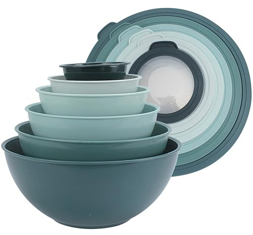 COOK WITH COLOR Rührschüsseln mit TPR-Deckeln - 12-teiliges Kunststoff-Nestschüssel-Set enthält 6 Zubereitungsschüsseln und 6 Deckel, mikrowellengeeignetes Rührschüssel-Set (Teal)