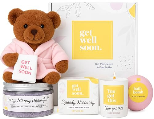 Get Well Soon Pamper Gifts for Women, Self Care Package for Her, Unique Thinking of You Wellbeing Present, 5 pc Get Better Soon Pamper Hamper with Teddy for Women, Best Friend, Sister