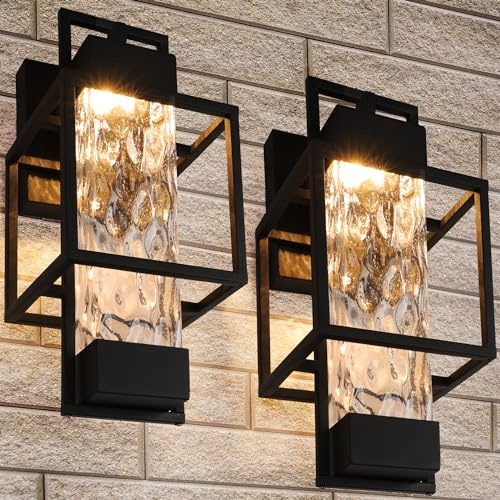 PARTPHONER Modern Outdoor Light Fixtures Dusk to Dawn Outdoor Lighting 2 Pack, 15 Exterior Wall Sconce Waterproof Porch Light, Outside Light for House with Water Glass for Garage Doorway