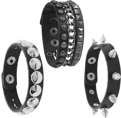 MAXQUU 3 Pieces Black Leather Studded Punk Bracelets, Gothic Spiked Bracelets, Adjustable Rock Accessories with Metal Studs for Men and Women. Perfect for Concerts, Parties, Halloween, Prom, Christmas