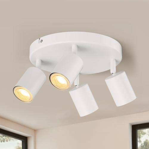 wowatt Lámpara Techo Foco con 4 Focos Blanco, Redondo GU10 Focos de Techo Orientables, Modernas Luz de Techo Ajustables, Plafón LED Techo Interior para Dormitorio Salas Cocina, Sin Bombilla GU10
