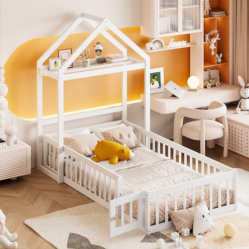 WIZBED Kinderbett Bett Hausbett 90x200 mit Türen und Rausfallschutz Bodenbett Bettgestell Flachbetten für Kinder Jungen & Mädchen, ohne Matratze