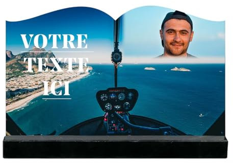 Funélior - Plaque funéraire format Livre - Thème Hélicoptère - 30x20 cm épaisseur 8 mm - Fabrication Française- 100% personnalisable texte et photo