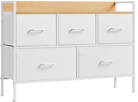 SONGMICS Chest of Drawers for Bedroom, 5 Fabric Drawers with Handles, Storage Organiser Unit, for Living Room, Hallway, Steel Frame, Cloud White and Oak Beige LTS135W01