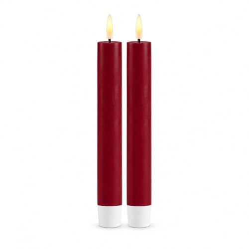 ReWu LED Stabkerze 2er Deluxe Homeart, Indoor LED-Stabkerze mit Realistischer Flamme auf einem Echtwachsspiegel, Warmweißes Licht, Bordeaux, 15 cm, Echtwachs