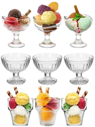 Set da 6 Coppe di Vetro per Gelato - Resistente e Trasparente, in 3 Diversi Design a Scelta, Bicchieri per Macedonia, Dolci, Dessert, Frutta - Ideali per Eventi, Cene, Lavabile in Lavastoviglie