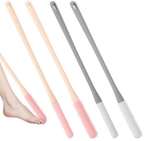 Saerryor 4PCS Foot Cleaning Brush, Long Handle Foot Scrubber for Shower with Two Types of Brush Heads for Toe Gaps