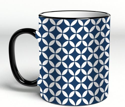 YOIUE Tasse aus Keramik - Große 11oz Tassen 330ml Kaffeetassen mit Henkel, 100% Handbemalt - Trinkgläser mit Griff - Weiß,Marine, Vintage Kreise mit überlappenden runden ovalen Figuren alt,