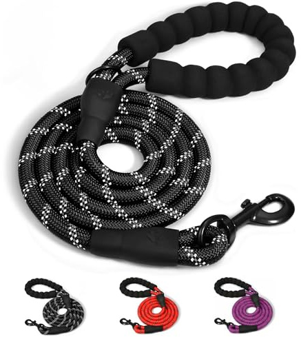 Rope Dog Lead With Comfortable Padded Handle and Highly Reflective Threads, Durable Sturdy Dog Lead For Medium Large Dogs (Black, 200 x 1.2 cm)