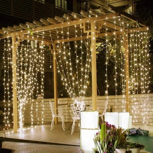 damastoreitalia Tenda Luminosa Natalizia da Esterno con 300 LED Bianco Caldo, Luci di Natale, 3x3m, Cavo Trasparente, IP44, 8 Giochi di luce e Memoria, Prolungabile