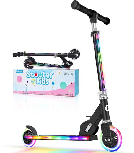 BELEEV V2 Roller Kinder Scooter 6 Jahre, Upgrade mit LED Leuchtenden Rädern, Lenksäule und Deck, Höhenverstellbar, Hinterradbremse, Faltbare Scooter Kinder 4 Jahre Mädchen Jungen, für 3-12 Jahren