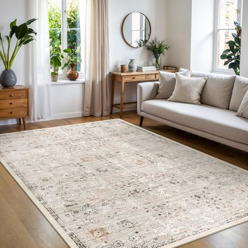BEIMO Vintage Waschbarer Teppich Wohnzimmer, 160x230cm Hellgrau | Boho Orientalisch, Großer Weicher Kurzflor Carpet mit Rutschfester für Küche und Bettvorleger Schlafzimmer