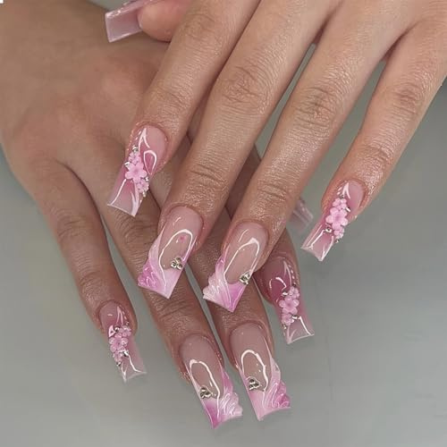 GlamRays Press on Nägel Lange Quadratische Falsche Nägel Blumen Falsche Nägel Press ons Mit Design Rosa Acryl 3D Falsche Nagel Vollständige Abdeckung Süsses 24 Stück