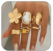 Calkkrer 6 Piezas Set Retro Anillos de Metal y Cristal con Flores, Decoración de Perlas Falsas, Uso Único o Apilado, Adecuado para Atuendos Diarios de Mujeres, Celebraciones, Fiestas