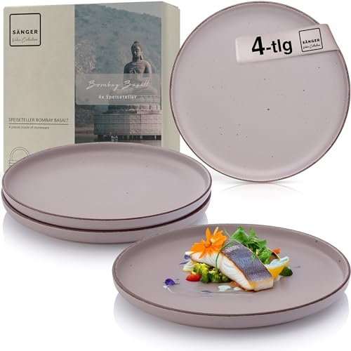 SÄNGER Bombay Basalt Teller Set 4 Personen, 4x Speiseteller Set aus | Steingut, Dinner Set kratz- mikrowellen- spülmaschinenfest, Steingut Teller Essgeschirr, Plate Set lila