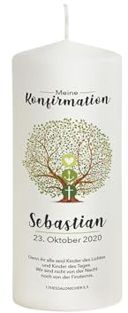 Liamoria® Konfirmationskerze Baum des Lebens mit Namen, Datum und Spruch - Modell Sebastian - Andenken und Geschenk zur Konfirmation (20 x 8 cm)