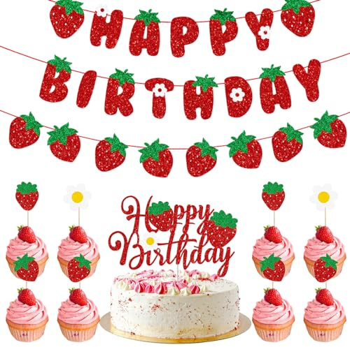 Juego de decoraciones de fiesta de cumpleaños de fresa, pancarta roja con purpurina, guirnalda de banderines, adornos para tartas para baby shower, suministros de fiesta de cumpleaños para niños