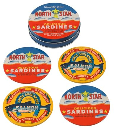 Set of 4 Sardines Vintage Style Metal Coasters with Storage Tin | Retro Coasters Quirky, Fun & Durable for Home Bar or Coffee Table