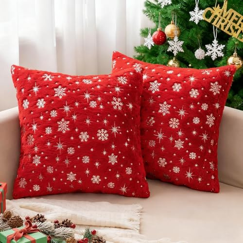 VITEVER Kissenbezug Weihnachten 2er-Set, weiches Kunstfell mit Silber-Schneeflocken-Glitterdruck, Weihnachts-Deko-Kissenbezügen für Couch, Sofa & Bett (18x18 Zoll) (Rot)