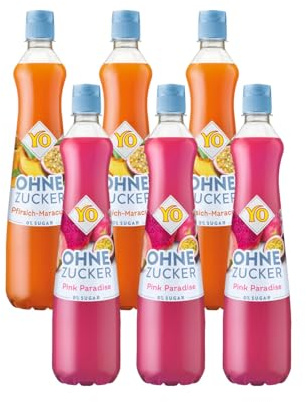 YO Sirup 0% Zucker Probierset 3x Pfirsich-Maracuja 700ml & 3x Pink Paradise 700ml | mit intensivem Geschmack, Ideal für Zero Cocktails und Getränke Mixen