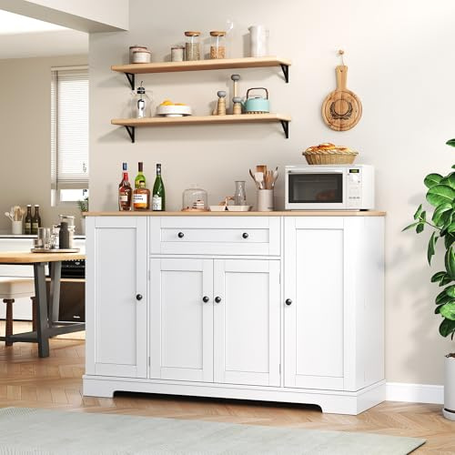 YAIXBNG Multifunktionell köksbuffé – 138 cm skänk med låda, hylldörrar och justerbara hyllor – modern design med tippskydd, perfekt för kök, vardagsrum och sovrum