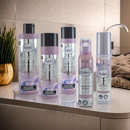 Balea GLOW & SHINE Komplett-Set (5-teilig) | Ultimatives Haarpflege-System für Spiegelglanz mit Shampoo, Spülung, Laminier-Kur, Hitzeschutz & Finishing Spray | mit Glykol-Glossing-Technologie