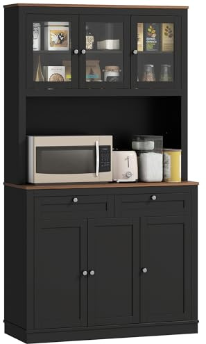 HOMCOM Alacena de Cocina, Mueble Auxiliar de Cocina, con 3 Puertas de Vidrio, Encimera Abierta para Microondas, 2 Cajones y Estantes Ajustables, 100x40x180 cm, Negro