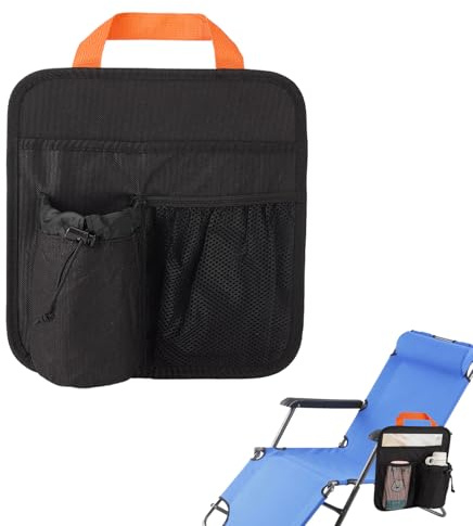NICENEEDED Portavasos para Silla de Playa, Reposabrazos/Organizador Lateral para Silla de Playa, Color Negro, con 3 Bolsillo Y Portavasos Colgante.
