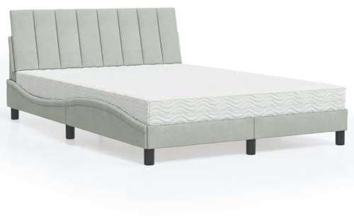 Holamys Hanko säng med madrass, ljusgrå 140 x 200 cm, sammetstyg, vågformdesign, komfortskummadrass, sovrumsmöbler