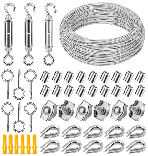 50M Drahtseil Set, Edelstahl Stahlseil 2mm, Spanndraht Stahlseil mit ösen, Drahtseil Mit Zubehör für Kletterpflanzen, Gardinenseil, Wäscheleine, Gardinenseil, Deck-Kabel-Reling
