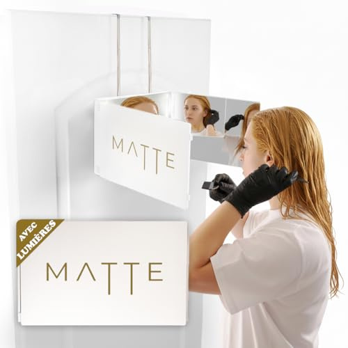 Miroir 360 degrés pour Femme avec LED – Coiffure & Coupe des Cheveux – Hauteur Réglable avec Crochets – 3 Faces Pliables – Accessoire Beauté Cheveux Longs & Mi-Longs – Miroir Triptyque Éclairant
