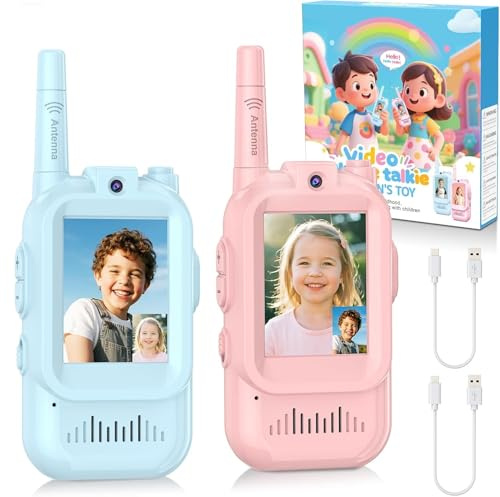 Felly Video Walkie Talkies per Bambini 2 Pezzi, Giocattolo Ricaricabile con Interfono e Fotocamera, Comunicazione a Lunga Distanza in Interni ed Esterni, Regalo per Ragazzo e Ragazza di 3-12 Anni