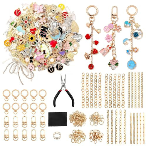 Vesavifaka Schlüsselanhänger Bastelset – 325 Stück Basteln Charms Anhänger Set, Schmuck Bastelzubehör, DIY Perlen & Anhänger Set für Taschenanhänger, Schlüsselanhänger und Schmuckherstellung