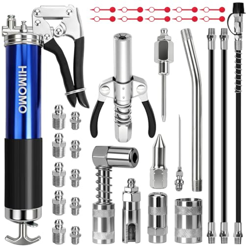 HIMOMO Pistola de Engrase 6000 PSI, Kit de 33 Piezas para Cartuchos de 400 g/14 oz con Acoplador de Doble Palanca, Mangueras, Agujas, Boquillas, Adaptadores y Engrasadores