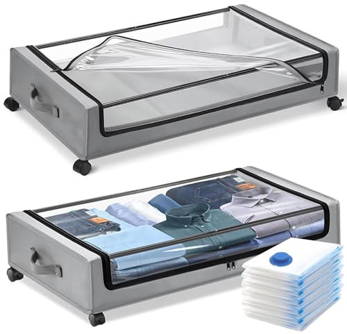 Scettar 2 cajas de almacenamiento para debajo de la cama con ruedas, contenedores de almacenamiento rodantes con tapa transparente y etiqueta de rotación de 360°, grande de 45 litros con asas