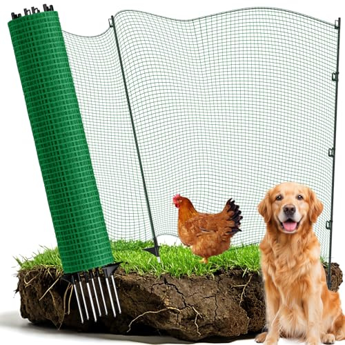 Begrenzungszaun,mobiler zaun 15 m lang & 91 cm hoch,9 Fiberglaspfähle | ideal für Camping,Hühnerzaun,Hundezaun,Weidezaun,Gartenzaun,Geflügelnetz,Steckzaun (Dunkelgrün)