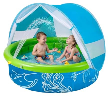 kid Paddling Pool With Sun Shade UPF50+ - 100x30cm PaddlingPool For Kids And Dogs With Canopy, Foldable Large Kids PaddlingSwimming Pool With UV Protection, Portable popup Beach Tent For Garden
