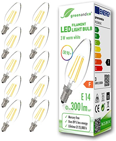 greenandco 10x CRI90+ Glühfaden LED Lampe | klar | ersetzt 28 Watt E14 Kerze | 3W 300 Lumen | 2700K warmweiß | Filament Fadenlampe | 360° 230V AC | nicht dimmbar | flimmerfrei | 2 Jahre Garantie