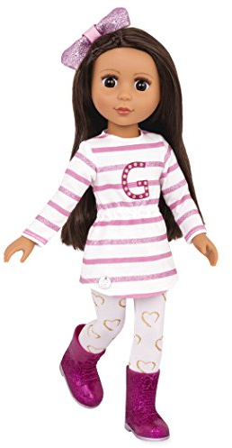 Glitter Girls - Sarinia - Poupée de mode posable de 36 cm - Cheveux bruns raides et yeux bruns - Tunique rayée et bottes à paillettes - Leggings avec nœud de cheveux et cœur - 3 ans et +