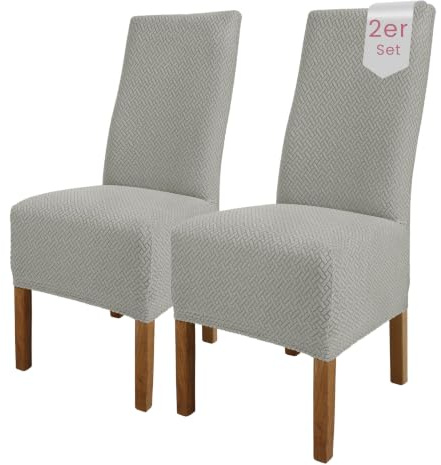Scheffler Home Stuhlhussen Grau 2er Set Elastisch Luna-lang | Feine Microfaser-Stretch Stuhlbezüge, waschbar und pflegeleicht, für Hochlehner und Polsterstühle