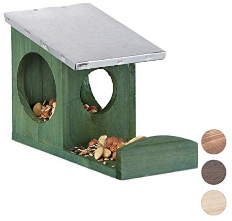 Relaxdays Eichhörnchen Futterhaus, Kobel aus Holz, wetterfestes Metall Dach, zum Aufhängen, Garten Futterstation, grün, Dunkelgrün