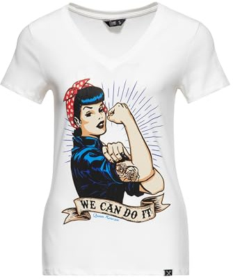 Queen Kerosin Damen Kurzarm T-Shirt Vintage Print We Can Do It V Ausschnitt Slim Fit Retro Empowerment 50s Rockabilly Rockabella 1950s We Can Do It